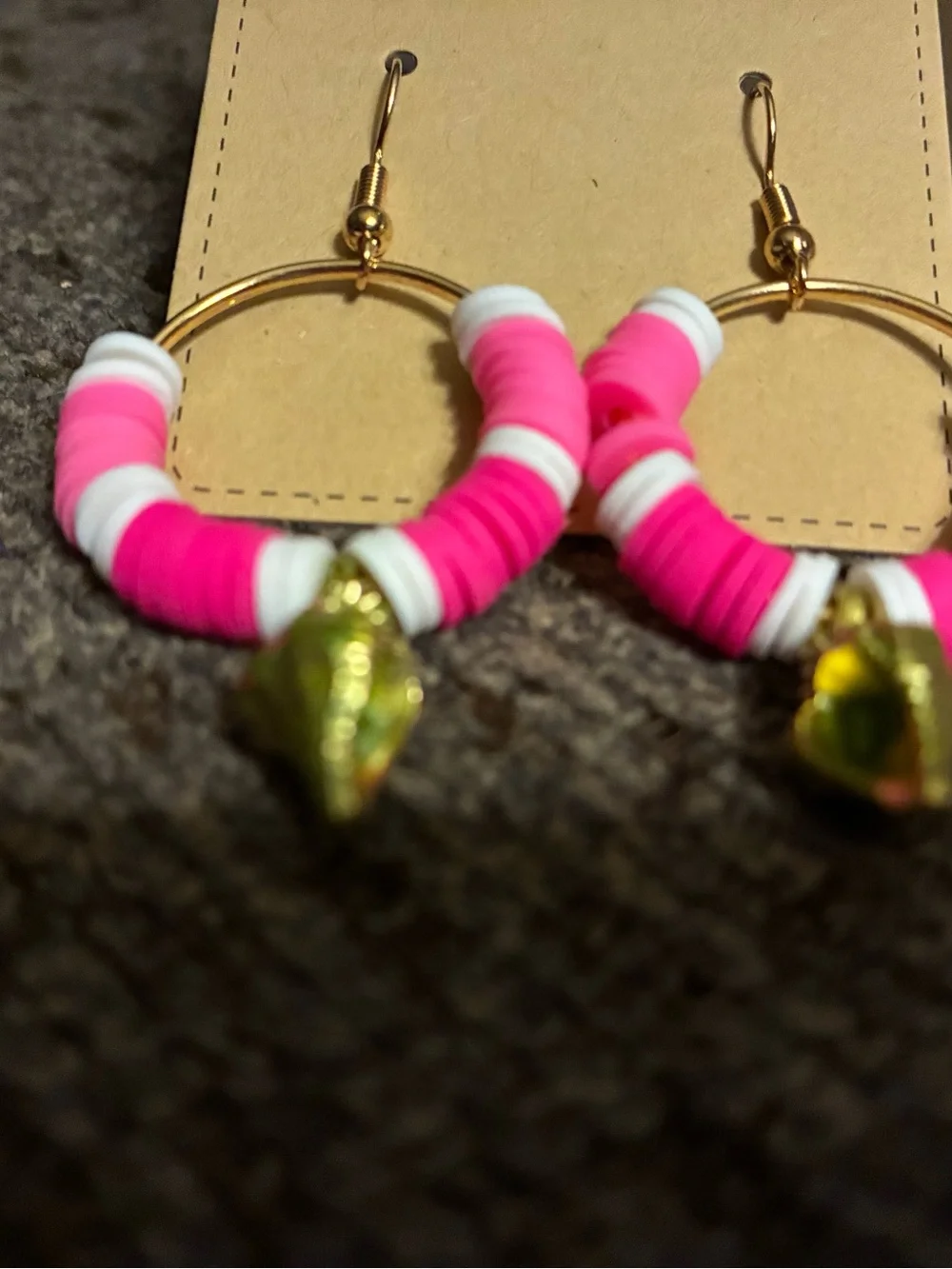 Handmade Pink & White Beaded Hoop Earrings with Gold Shell Charm